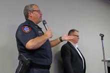 (THOMAS WALLNER | THE GRAHAM LEADER) Graham Police Chief Brent Bullock speaks with the Graham City Council during a budget workshop Tuesday, Feb. 17. Bullock and City Manager Eric Garretty are working with the city council on an ordinance amendment to restrict motor-assisted scooters.