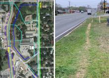 (CONTRIBUTED PHOTO | TXDOT) Shown at left is part of a schematic of a potential sidewalk project from South Street to Walmart on Hwy. 16. Shown at right is a pathway created from walkers on Hwy. 16. The city of Graham began discussions last week regarding a potential sidewalk project along Hwy. 16 and developing a plan to obtain funding through a federal reimbursement program from the Texas Department of Transportation.