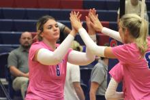 (ALEX HAVARDANKSY | THE GRAHAM LEADER) Treyton McCullough subs into one of the Lady Blues’ matches in the front row. The Lady Blues defeated the Brownwood Lady Lions in their district match Friday, Oct. 10.