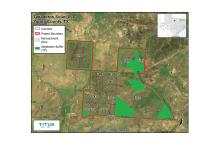 (ROBERT PENA | CONTRIBUTED PHOTO) Properties that are included in the Titus LCV Tapaderos solar and battery storage project that is being proposed in Young County. The green on the map shows the vegetation buffer that will be included with the project while the red is the project boundary.