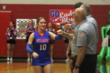 (ALEX HAVARDANKSY | THE GRAHAM LEADER) The Graham Leader is recognizing Emily Hughes of the Lady Blues as this week's Athlete of the Week. Hughes recorded seven kills and five blocks in the Lady Blues’ three set sweep of the Mineral Wells Lady Rams.
