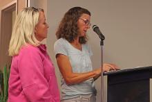 (THOMAS WALLNER | THE GRAHAM LEADER) Humane Society of Young County President Heather Allen (at left) and board member Leslie Singleton speak Tuesday, Oct. 7 with the Graham City Council regarding three changes to a contract for animal services.