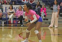 (ALEX HAVARDANKSY | THE GRAHAM LEADER) Izzy Alejo set up for a serve receive opportunity Tuesday, Oct. 7 against the Mineral Wells Lady Rams. Alejo was a spark plug at the service line in the team’s three set win over the Lady Rams. 