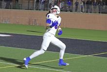 (TC GORDON | THE GRAHAM LEADER) Brayden Riggins is a four-year varsity player for the Steers football team, and as a senior he’s making every game count. He had four big catches against Glen Rose last week, including the final touchdown of the game. He’s developed more every year, and that growth is showing in this year’s biggest moments.
