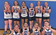 (CONTRIBUTED PHOTO | KIM BREWSTER) Graham Junior High School’s 7B girls basketball team poses with W’s following their 15-0 shutout win Monday, Nov. 4 against the Bowie Lady Rabbits. Graham played their first basketball games of the season that day, and the Lady Blues swept the visiting Lady Rabbits in all their games.