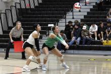 (ASHLEY ANDERSON | JACKSBORO HERALD-GAZETTE) Flor Carranza and Grayson Nunez stand ready to set the ball for her Ladycats teammates Tuesday, Nov. 4, against the Harrold Lady Hornets.