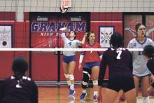 (MIKE WILLIAMS | THE GRAHAM LEADER) Georgia Martin had two aces and 24 assists during the 3-0 home win Tuesday, Sept. 27 over Brownwood. Lady Blues coach Marci Faulk said Martin has emerged as an selfless leader of the team.