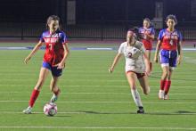 (MIKE WILLIAMS | THE GRAHAM LEADER) Sophia Schliper (7) scored the game-tying goal for the Lady Blues with a long shot from the edge of the penalty box early during the second half of the Lady Blues’ 1-1 tie with Fort Worth Carter Riverside Tuesday, Jan. 3 on Newton Field.