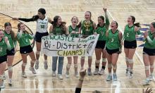 (NEWCASTLE BOOSTER CLUB | CONTRIBUTED PHOTO) The Ladycats celebrate their bi-district win Thursday, Oct. 30, over the Lady Greyhounds. The Ladycats had a gritty performance as they advanced to the area round of the playoffs. 