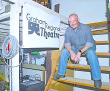 Graham Regional Theatre Managing Director Christian Sanders sits on the steps in the back room of ‘The Perry’ downtown theater. Sanders was hired to work full time this season to work on new shows and events for GRT.