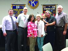 Shown during the Graham Kiwanis Club installation of 2017 officers are, l-r: Past President Kyle Anderson, Treasurer Shannon Bozeman, Secretary Julie Erb, President-elect Bridget Barnhill, President Gary Riley, and Director John Paclik.  Courtesy photo