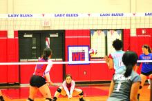 Elizabeth Routon made a play on the ball during the Blues’ dominant district-opening win over Hirschi. Leader photo by Jason Hanks