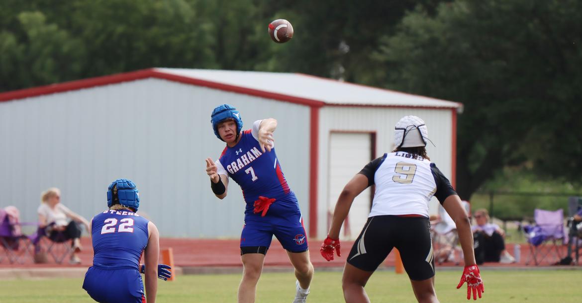 (THOMAS WALLNER | THE GRAHAM LEADER) Walker Bennett runs in for a touchdown against Dallas Life Oak Cliff at the Mineral Wells State Qualifying Tournament for 7on7 held Friday, May 22. The Steers beat Dallas Life Oak Cliff, Godley, Krum and Stephenville to advance to the state tournament in June.