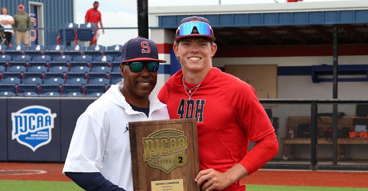 (LINSEY TAYLOR | CONTRIBUTED PHOTO) Former Graham Steer Ryder Taylor poses with his head coach Mack Chambers at Seminole State College after securing a spot in the NJCAA Division I JUCO World Series.